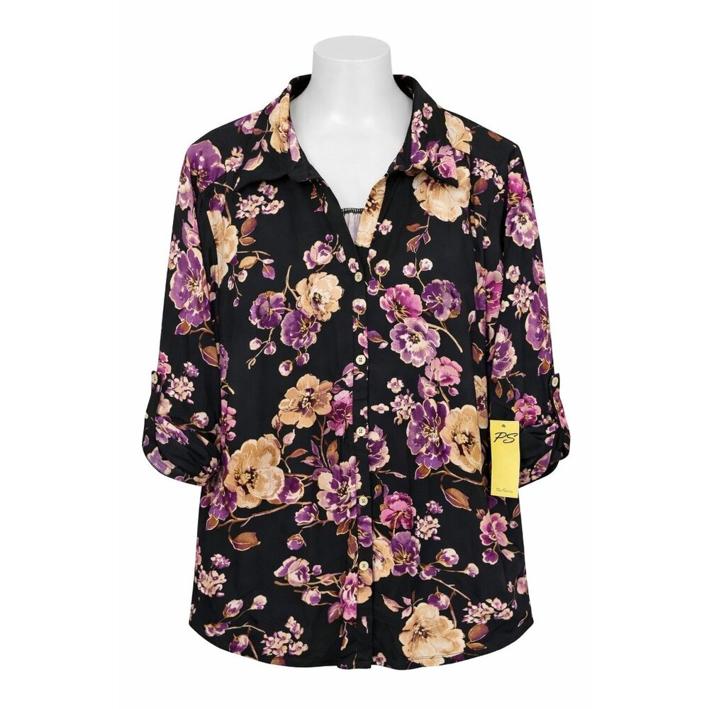 Woman Within Pink Floral Pin Pleated‎ Button Up Tunic Blouse Shirt Plus Size 3X